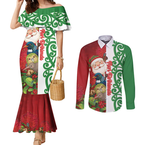 Meri Kirihimete New Zealand Personalised Couples Matching Mermaid Dress and Long Sleeve Button Shirt Cute Santa NZ Animals and Pohutukawa