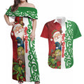 Meri Kirihimete New Zealand Personalised Couples Matching Off Shoulder Maxi Dress and Hawaiian Shirt Cute Santa NZ Animals and Pohutukawa