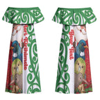 Meri Kirihimete New Zealand Personalised Couples Matching Off Shoulder Maxi Dress and Hawaiian Shirt Cute Santa NZ Animals and Pohutukawa LT14