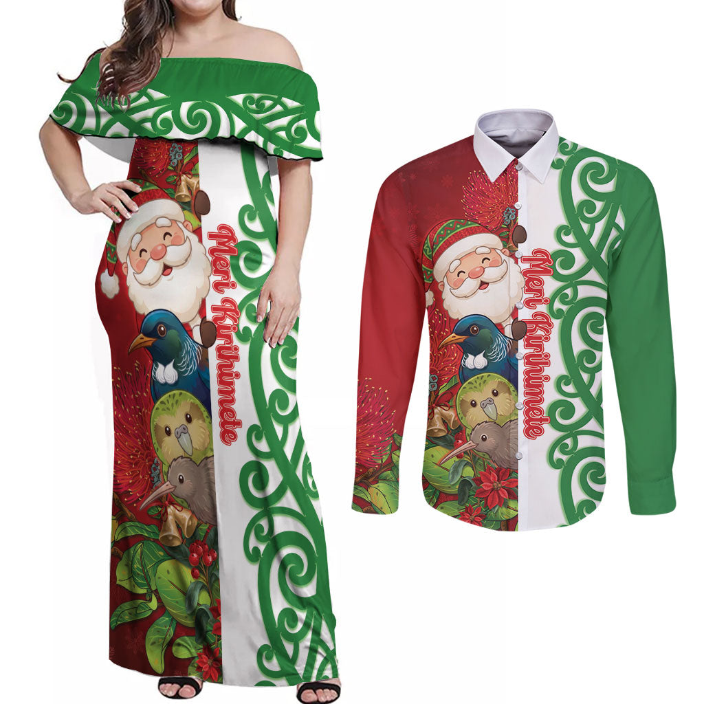 Meri Kirihimete New Zealand Personalised Couples Matching Off Shoulder Maxi Dress and Long Sleeve Button Shirt Cute Santa NZ Animals and Pohutukawa