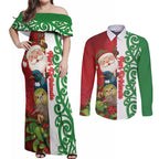 Meri Kirihimete New Zealand Personalised Couples Matching Off Shoulder Maxi Dress and Long Sleeve Button Shirt Cute Santa NZ Animals and Pohutukawa