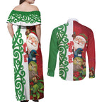 Meri Kirihimete New Zealand Personalised Couples Matching Off Shoulder Maxi Dress and Long Sleeve Button Shirt Cute Santa NZ Animals and Pohutukawa