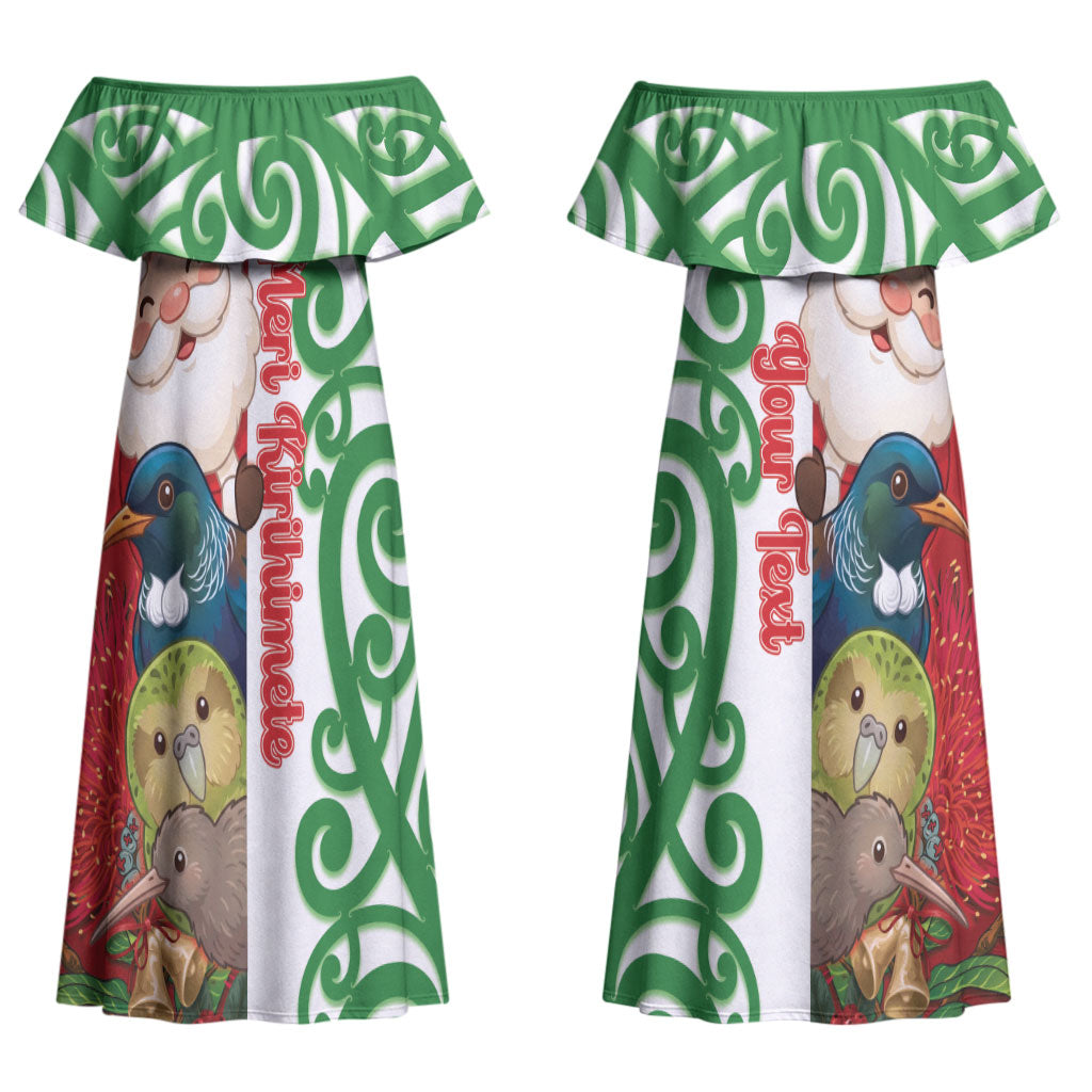 Meri Kirihimete New Zealand Personalised Couples Matching Off Shoulder Maxi Dress and Long Sleeve Button Shirt Cute Santa NZ Animals and Pohutukawa LT14