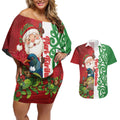 Meri Kirihimete New Zealand Personalised Couples Matching Off Shoulder Short Dress and Hawaiian Shirt Cute Santa NZ Animals and Pohutukawa