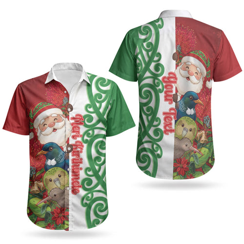 Meri Kirihimete New Zealand Personalised Couples Matching Off Shoulder Short Dress and Hawaiian Shirt Cute Santa NZ Animals and Pohutukawa LT14