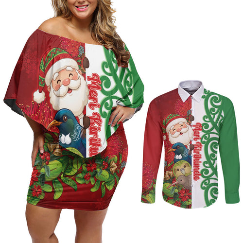Meri Kirihimete New Zealand Personalised Couples Matching Off Shoulder Short Dress and Long Sleeve Button Shirt Cute Santa NZ Animals and Pohutukawa