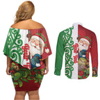 Meri Kirihimete New Zealand Personalised Couples Matching Off Shoulder Short Dress and Long Sleeve Button Shirt Cute Santa NZ Animals and Pohutukawa