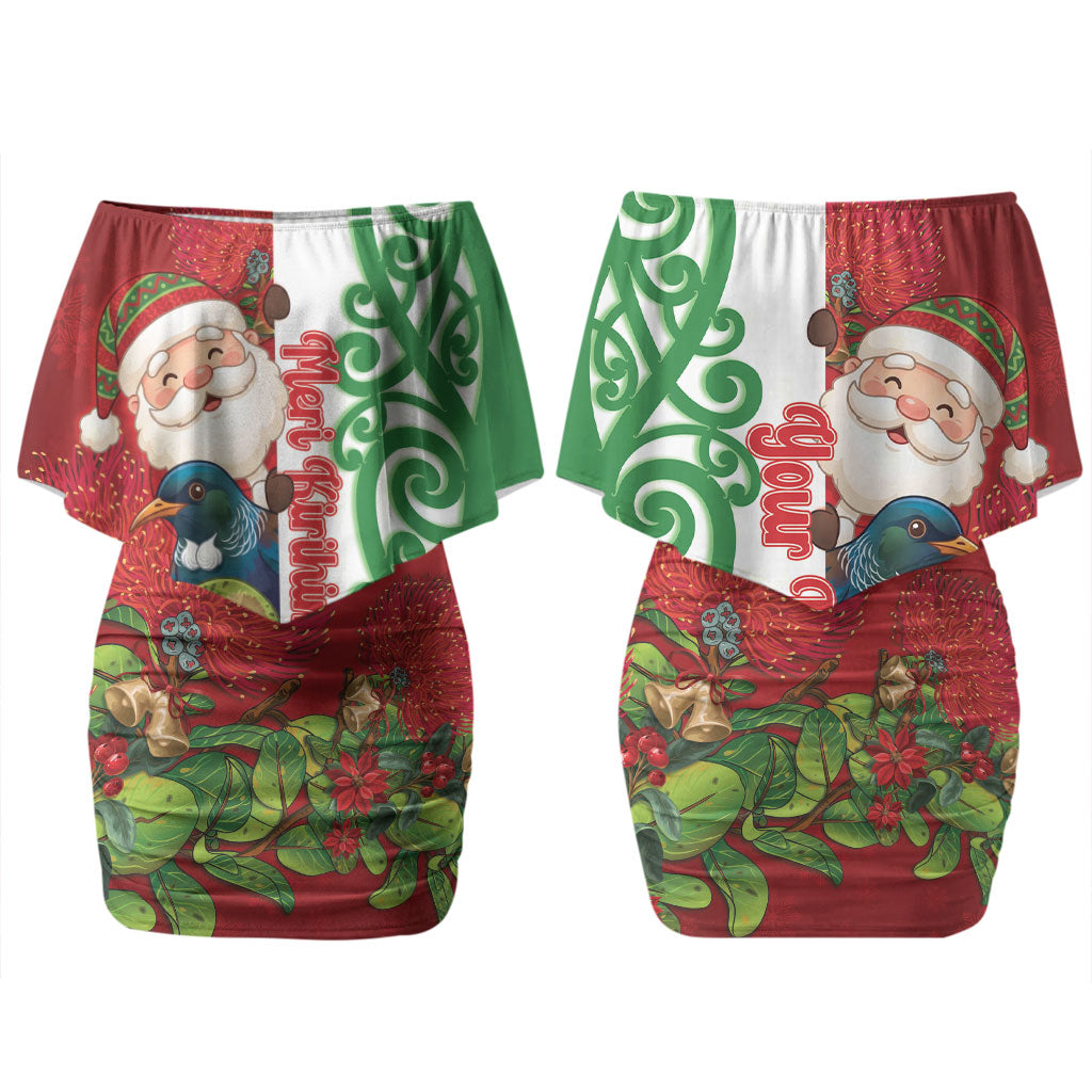 Meri Kirihimete New Zealand Personalised Couples Matching Off Shoulder Short Dress and Long Sleeve Button Shirt Cute Santa NZ Animals and Pohutukawa LT14