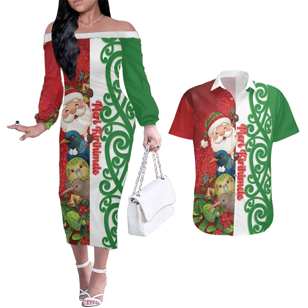 Meri Kirihimete New Zealand Personalised Couples Matching Off The Shoulder Long Sleeve Dress and Hawaiian Shirt Cute Santa NZ Animals and Pohutukawa