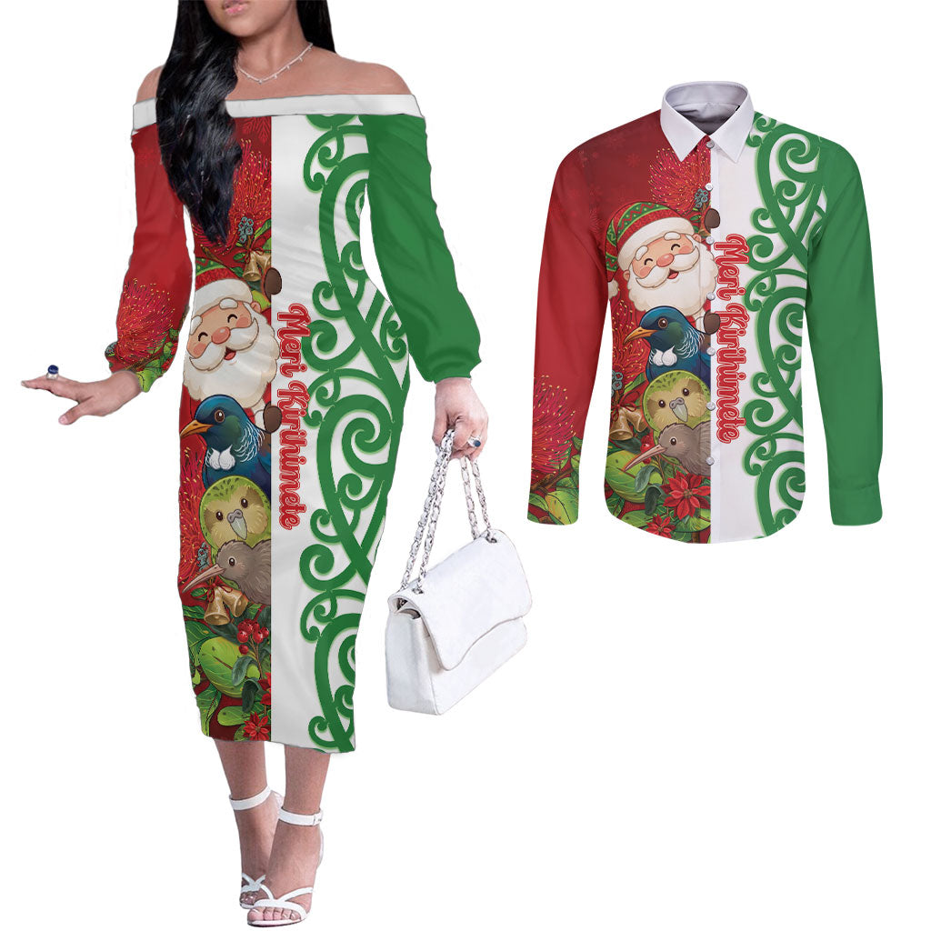 Meri Kirihimete New Zealand Personalised Couples Matching Off The Shoulder Long Sleeve Dress and Long Sleeve Button Shirt Cute Santa NZ Animals and Pohutukawa