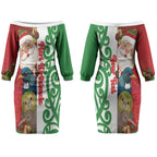 Meri Kirihimete New Zealand Personalised Couples Matching Off The Shoulder Long Sleeve Dress and Long Sleeve Button Shirt Cute Santa NZ Animals and Pohutukawa LT14