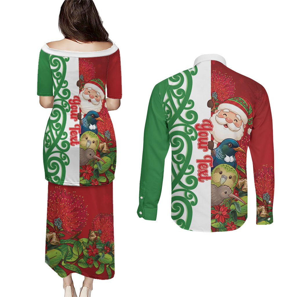 Meri Kirihimete New Zealand Personalised Couples Matching Puletasi and Long Sleeve Button Shirt Cute Santa NZ Animals and Pohutukawa