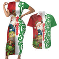 Meri Kirihimete New Zealand Personalised Couples Matching Short Sleeve Bodycon Dress and Hawaiian Shirt Cute Santa NZ Animals and Pohutukawa