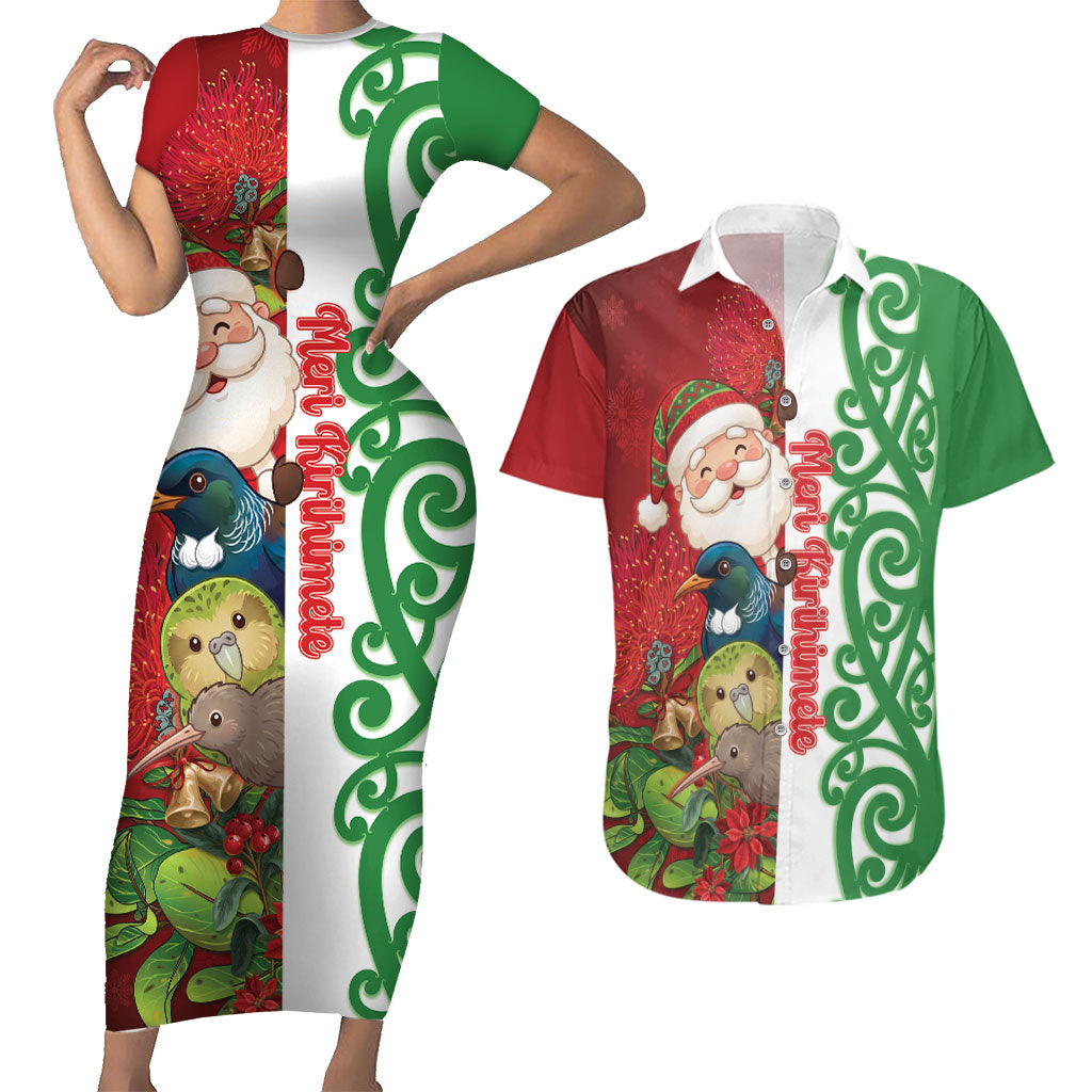 Meri Kirihimete New Zealand Personalised Couples Matching Short Sleeve Bodycon Dress and Hawaiian Shirt Cute Santa NZ Animals and Pohutukawa