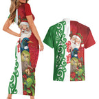 Meri Kirihimete New Zealand Personalised Couples Matching Short Sleeve Bodycon Dress and Hawaiian Shirt Cute Santa NZ Animals and Pohutukawa
