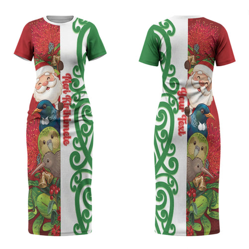 Meri Kirihimete New Zealand Personalised Couples Matching Short Sleeve Bodycon Dress and Hawaiian Shirt Cute Santa NZ Animals and Pohutukawa LT14