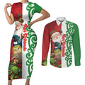 Meri Kirihimete New Zealand Personalised Couples Matching Short Sleeve Bodycon Dress and Long Sleeve Button Shirt Cute Santa NZ Animals and Pohutukawa