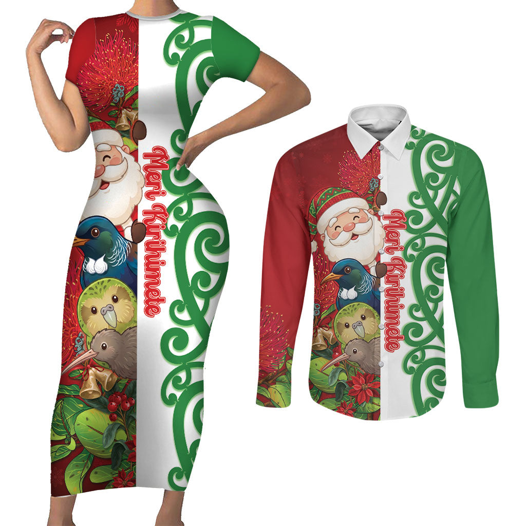 Meri Kirihimete New Zealand Personalised Couples Matching Short Sleeve Bodycon Dress and Long Sleeve Button Shirt Cute Santa NZ Animals and Pohutukawa