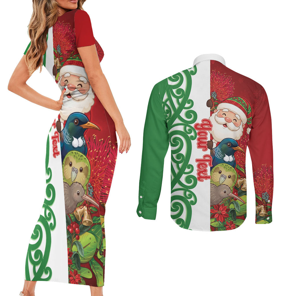 Meri Kirihimete New Zealand Personalised Couples Matching Short Sleeve Bodycon Dress and Long Sleeve Button Shirt Cute Santa NZ Animals and Pohutukawa
