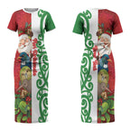 Meri Kirihimete New Zealand Personalised Couples Matching Short Sleeve Bodycon Dress and Long Sleeve Button Shirt Cute Santa NZ Animals and Pohutukawa LT14