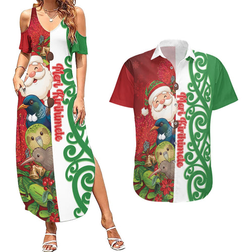 Meri Kirihimete New Zealand Personalised Couples Matching Summer Maxi Dress and Hawaiian Shirt Cute Santa NZ Animals and Pohutukawa