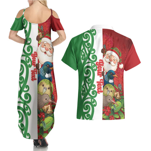 Meri Kirihimete New Zealand Personalised Couples Matching Summer Maxi Dress and Hawaiian Shirt Cute Santa NZ Animals and Pohutukawa