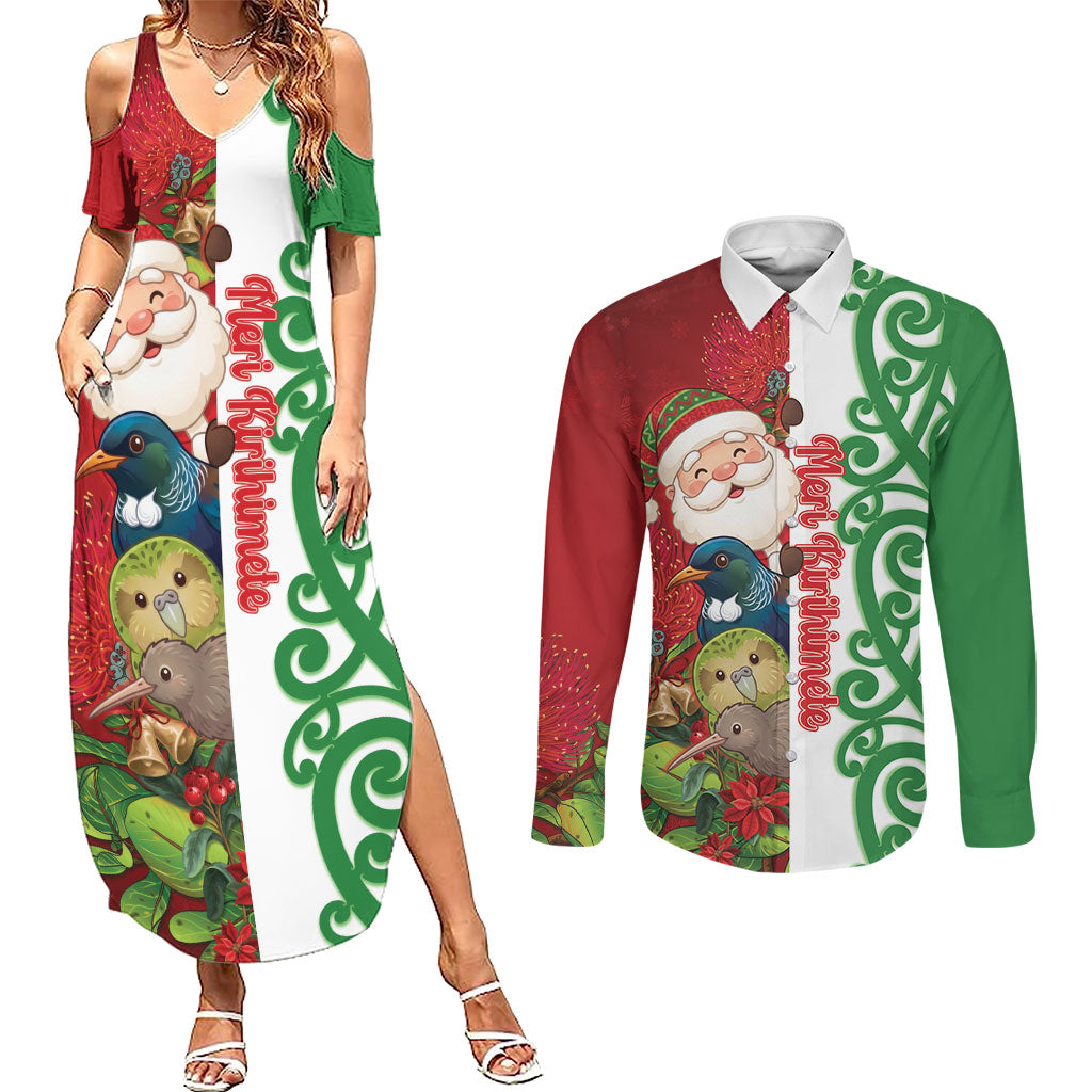 Meri Kirihimete New Zealand Personalised Couples Matching Summer Maxi Dress and Long Sleeve Button Shirt Cute Santa NZ Animals and Pohutukawa