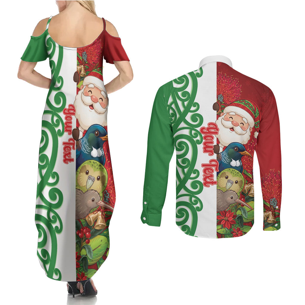 Meri Kirihimete New Zealand Personalised Couples Matching Summer Maxi Dress and Long Sleeve Button Shirt Cute Santa NZ Animals and Pohutukawa
