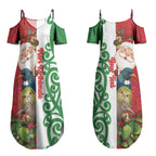 Meri Kirihimete New Zealand Personalised Couples Matching Summer Maxi Dress and Long Sleeve Button Shirt Cute Santa NZ Animals and Pohutukawa LT14