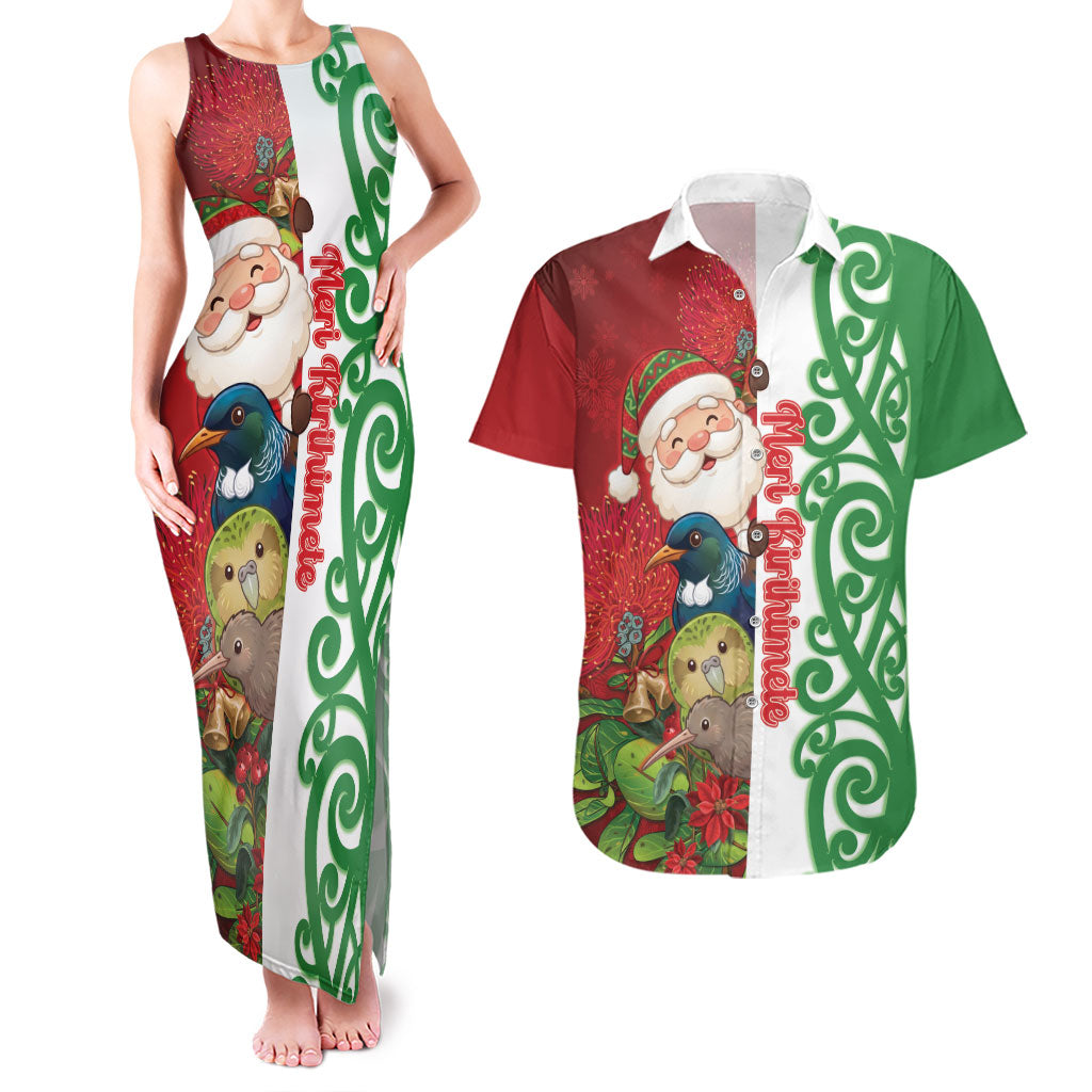 Meri Kirihimete New Zealand Personalised Couples Matching Tank Maxi Dress and Hawaiian Shirt Cute Santa NZ Animals and Pohutukawa