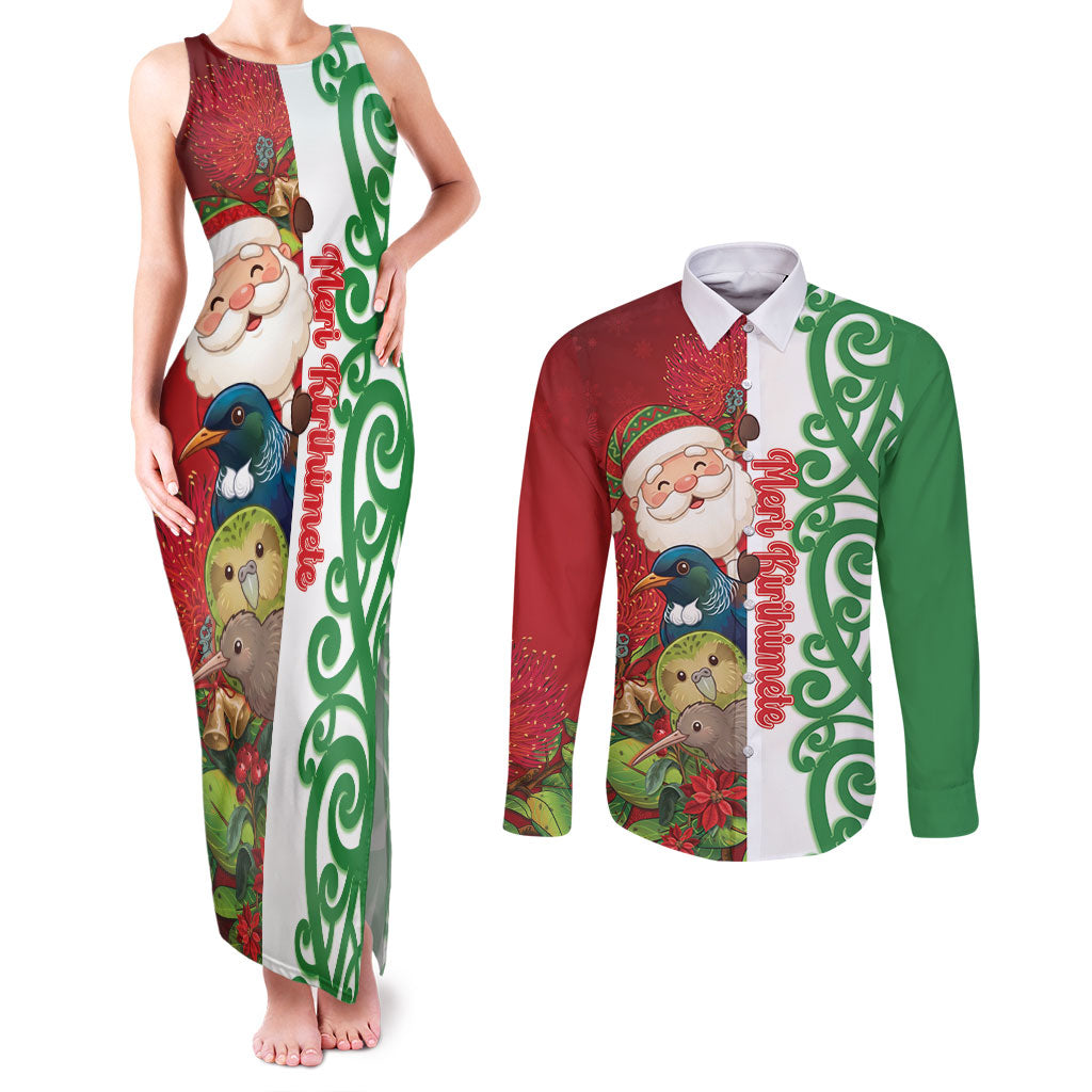 Meri Kirihimete New Zealand Personalised Couples Matching Tank Maxi Dress and Long Sleeve Button Shirt Cute Santa NZ Animals and Pohutukawa