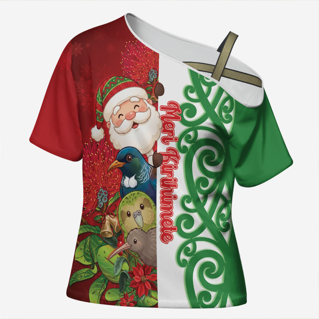 Meri Kirihimete New Zealand Personalised Cross Shoulder Shirt Cute Santa NZ Animals and Pohutukawa
