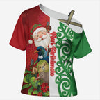 Meri Kirihimete New Zealand Personalised Cross Shoulder Shirt Cute Santa NZ Animals and Pohutukawa