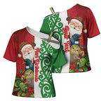 Meri Kirihimete New Zealand Personalised Cross Shoulder Shirt Cute Santa NZ Animals and Pohutukawa