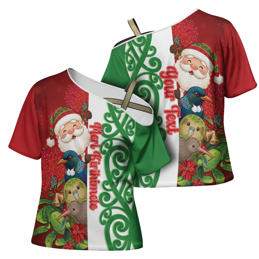 Meri Kirihimete New Zealand Personalised Cross Shoulder Shirt Cute Santa NZ Animals and Pohutukawa