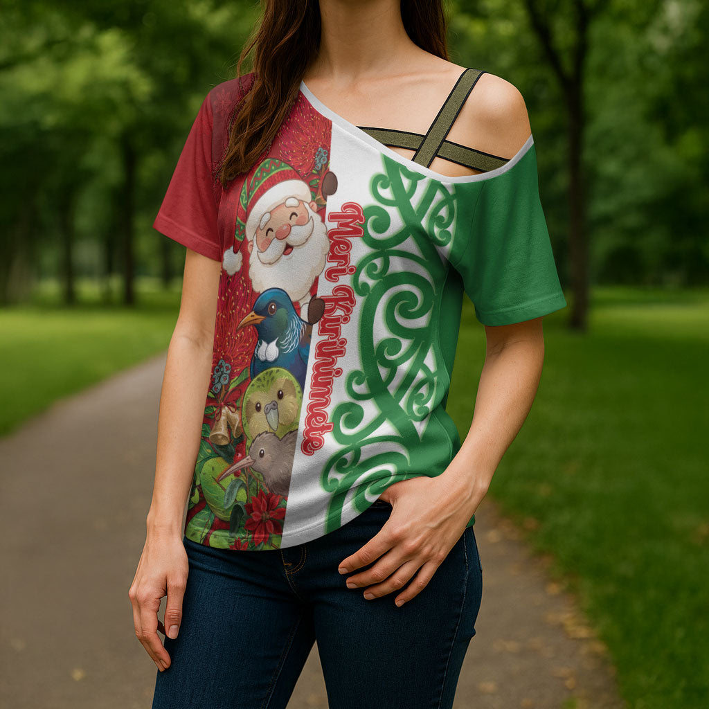 Meri Kirihimete New Zealand Personalised Cross Shoulder Shirt Cute Santa NZ Animals and Pohutukawa