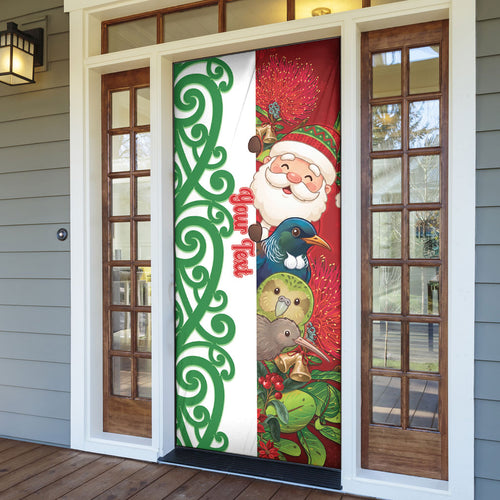 Meri Kirihimete New Zealand Personalised Door Cover Cute Santa NZ Animals and Pohutukawa