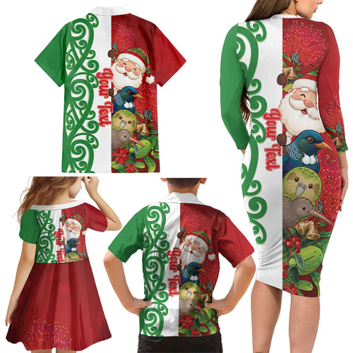 Meri Kirihimete New Zealand Personalised Family Matching Long Sleeve Bodycon Dress and Hawaiian Shirt Cute Santa NZ Animals and Pohutukawa
