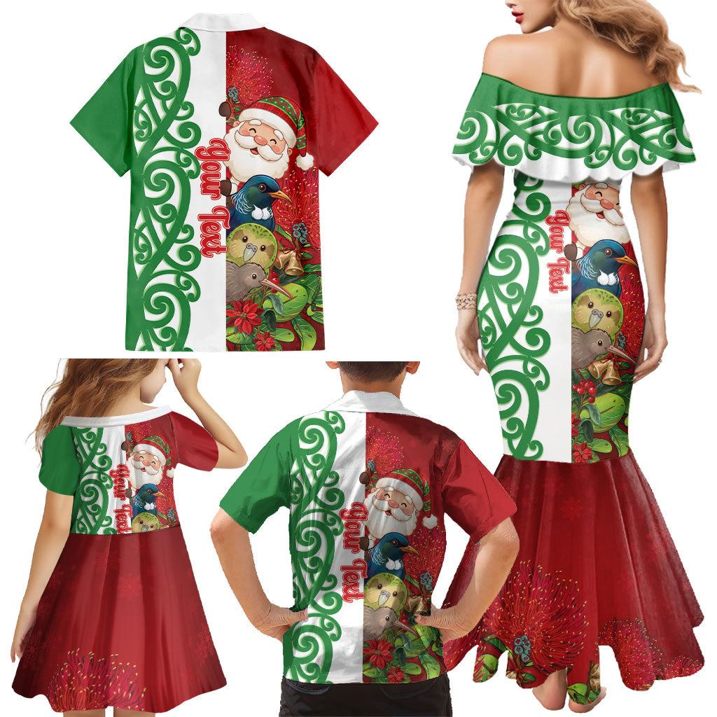 Meri Kirihimete New Zealand Personalised Family Matching Mermaid Dress and Hawaiian Shirt Cute Santa NZ Animals and Pohutukawa