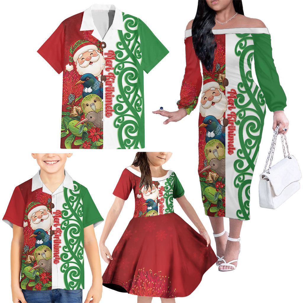 Meri Kirihimete New Zealand Personalised Family Matching Off The Shoulder Long Sleeve Dress and Hawaiian Shirt Cute Santa NZ Animals and Pohutukawa