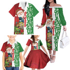 Meri Kirihimete New Zealand Personalised Family Matching Off The Shoulder Long Sleeve Dress and Hawaiian Shirt Cute Santa NZ Animals and Pohutukawa