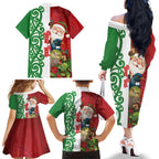 Meri Kirihimete New Zealand Personalised Family Matching Off The Shoulder Long Sleeve Dress and Hawaiian Shirt Cute Santa NZ Animals and Pohutukawa
