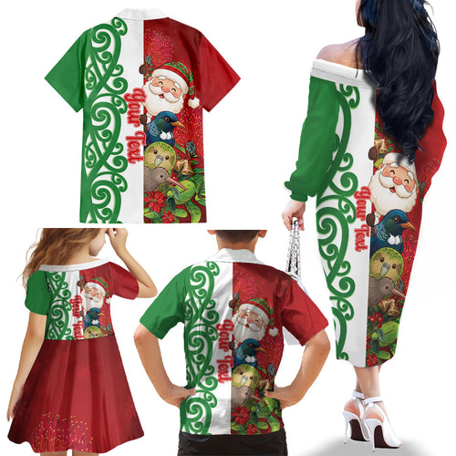 Meri Kirihimete New Zealand Personalised Family Matching Off The Shoulder Long Sleeve Dress and Hawaiian Shirt Cute Santa NZ Animals and Pohutukawa