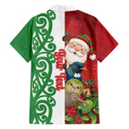 Meri Kirihimete New Zealand Personalised Family Matching Off The Shoulder Long Sleeve Dress and Hawaiian Shirt Cute Santa NZ Animals and Pohutukawa