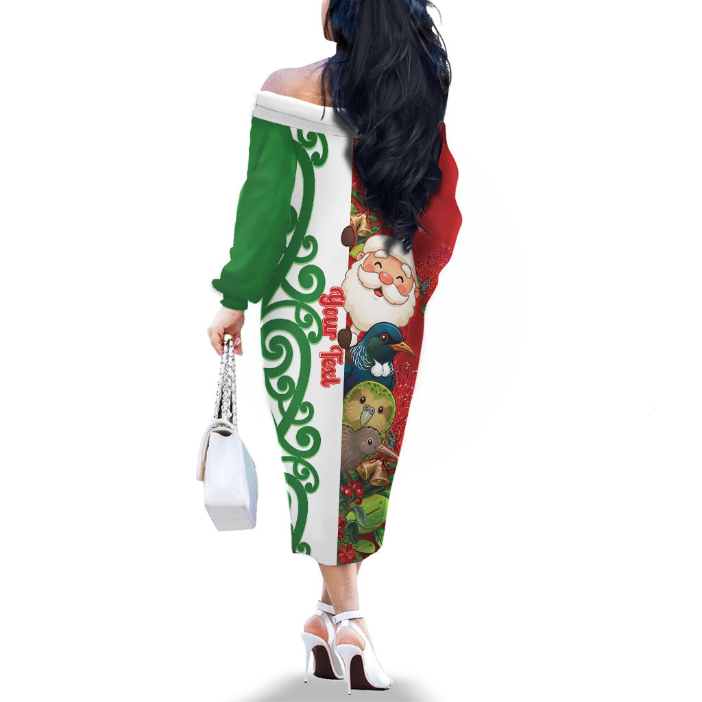 Meri Kirihimete New Zealand Personalised Family Matching Off The Shoulder Long Sleeve Dress and Hawaiian Shirt Cute Santa NZ Animals and Pohutukawa