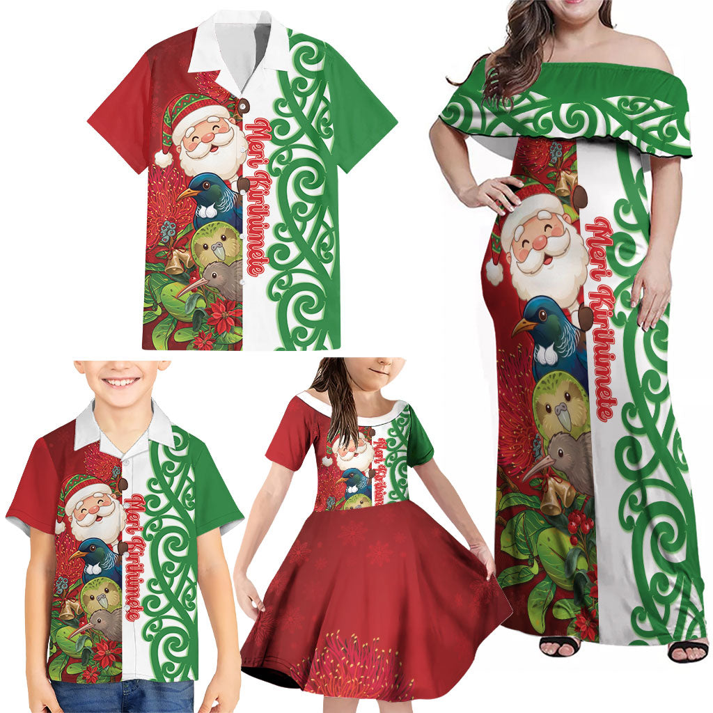 Meri Kirihimete New Zealand Personalised Family Matching Off Shoulder Maxi Dress and Hawaiian Shirt Cute Santa NZ Animals and Pohutukawa