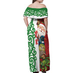 Meri Kirihimete New Zealand Personalised Family Matching Off Shoulder Maxi Dress and Hawaiian Shirt Cute Santa NZ Animals and Pohutukawa
