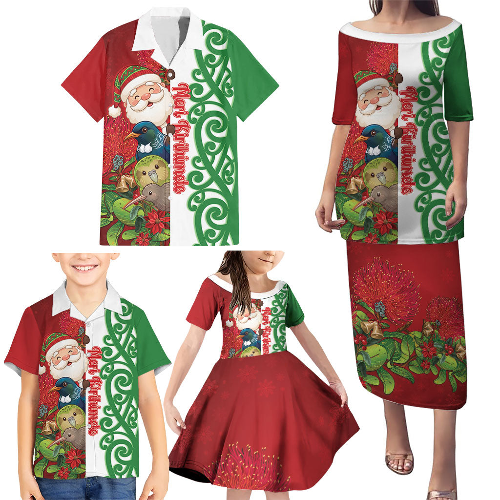 Meri Kirihimete New Zealand Personalised Family Matching Puletasi and Hawaiian Shirt Cute Santa NZ Animals and Pohutukawa