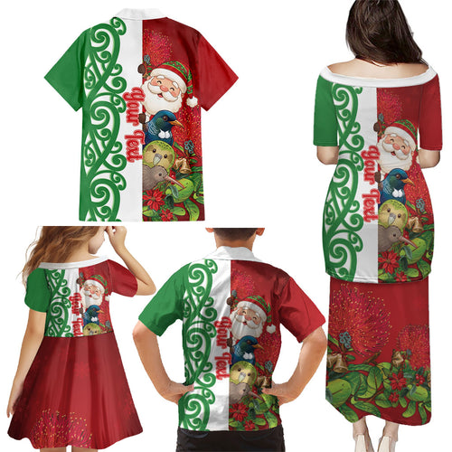 Meri Kirihimete New Zealand Personalised Family Matching Puletasi and Hawaiian Shirt Cute Santa NZ Animals and Pohutukawa