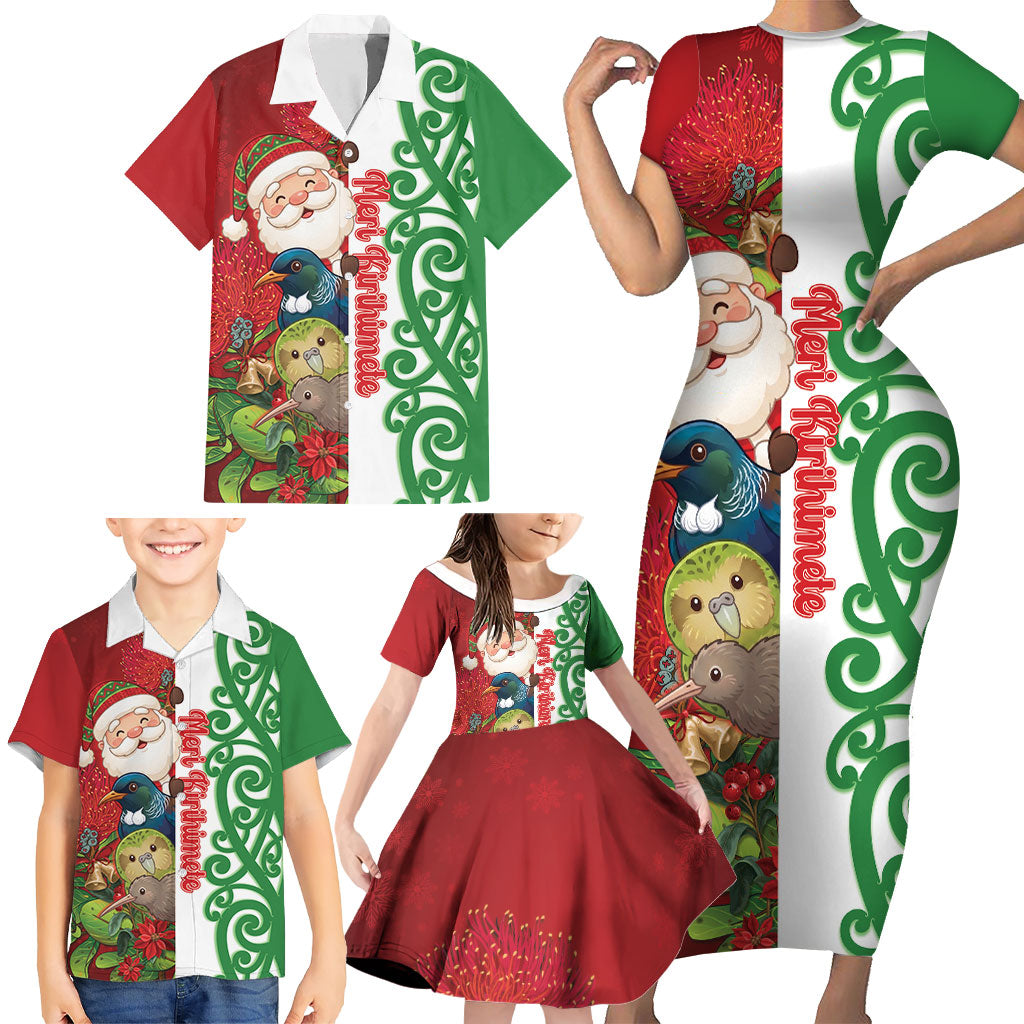 Meri Kirihimete New Zealand Personalised Family Matching Short Sleeve Bodycon Dress and Hawaiian Shirt Cute Santa NZ Animals and Pohutukawa
